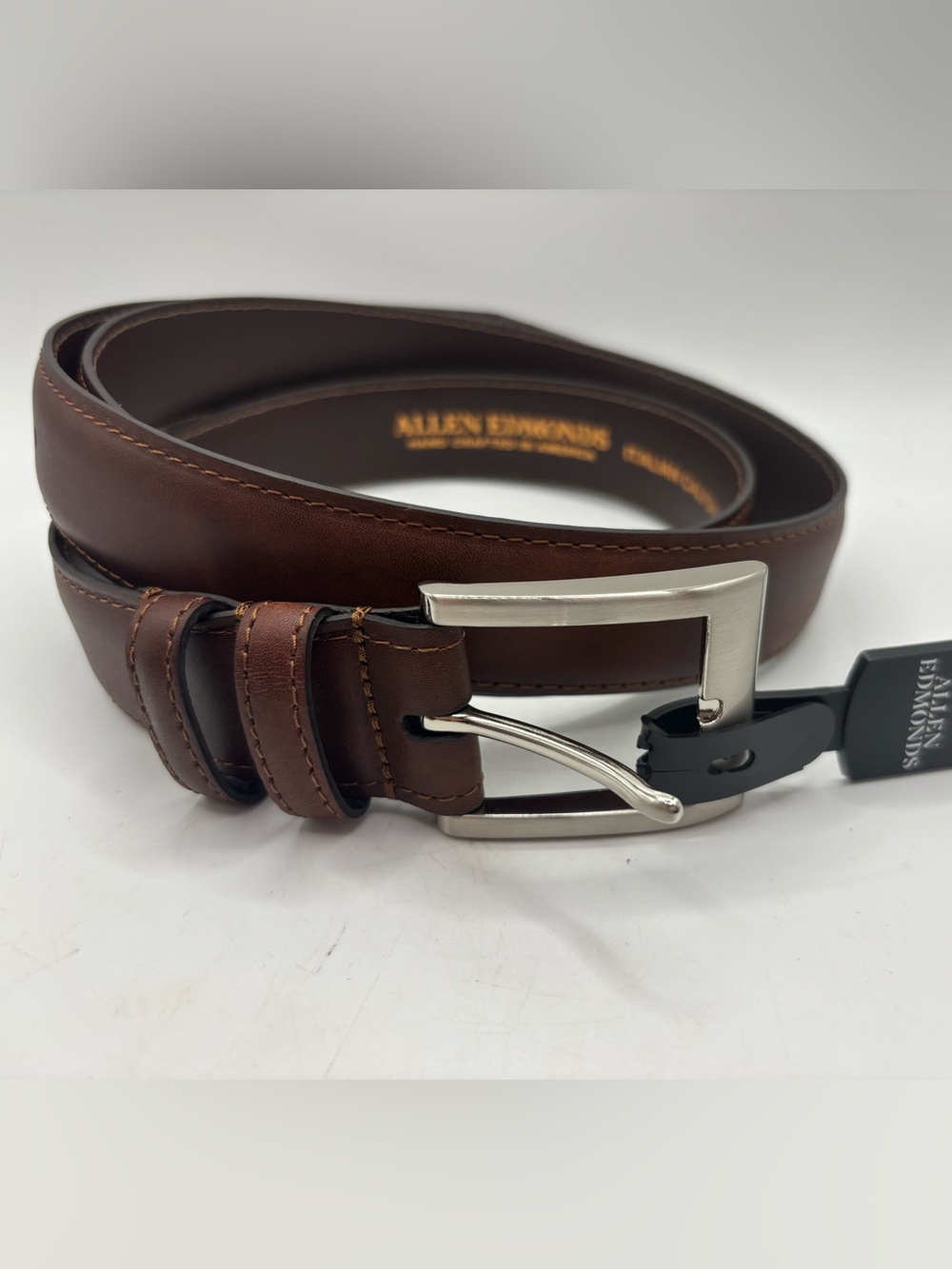 New Allen Edmonds Belt Genuine Leather Brown Size 46 USA Italian Calfskin
